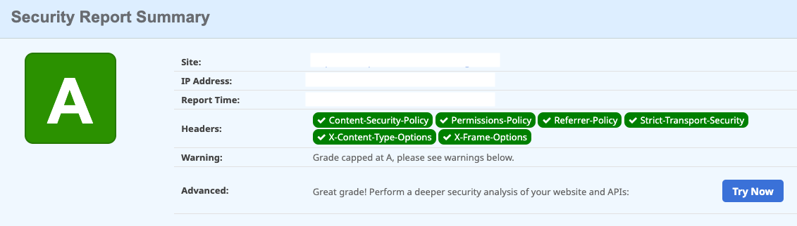 Results from securityheaders.com